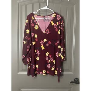 Massini Maroon Floral Print Long Sleeve V-Neck Top Size 3X